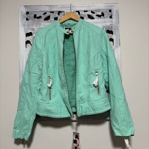 NEW Palomares Mint Green Faux Leather Faux Fur Lined Moto Zip Up Jacket